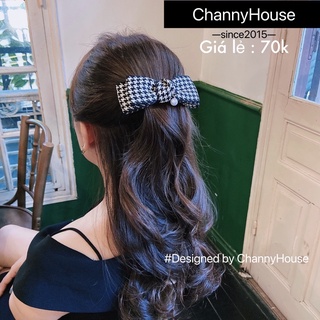 Channyhouse_ Kẹp nơ kẻ caro đen trắng cho mẹ và bé