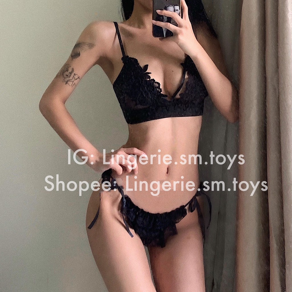 Bralette Ren Hoa Mềm Mại + Quần Lót Ren Buộc Dây Gợi Cảm - Nội Y Sexy - Đồ Lót Gợi Cảm