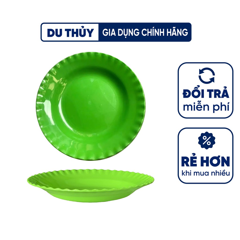 Dĩa nhựa tròn đường kính 10 - 25 cm không nứt vỡ màu xanh, trắng viền lượn sóng đẹp mắt, bền bỉ thương hiệu Vĩnh Phát