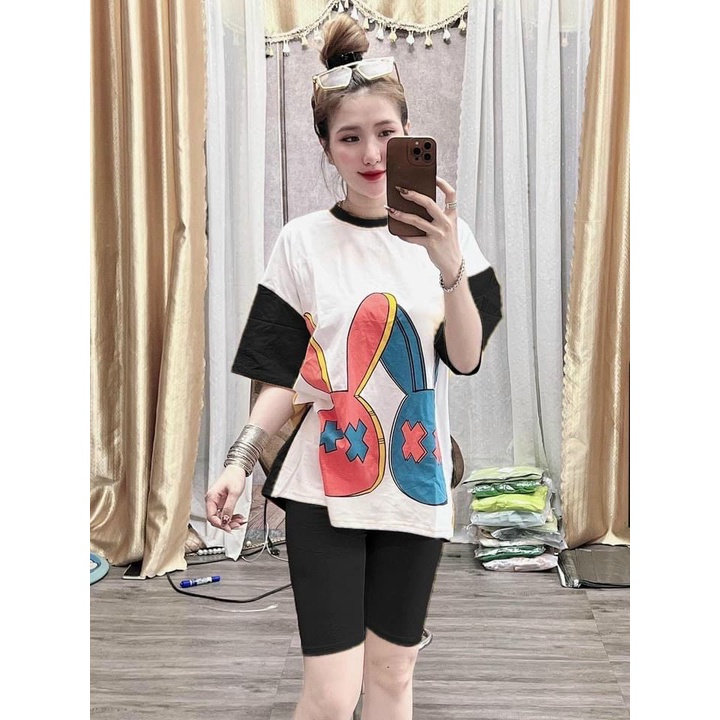 Sét bộ lững thời trang nữ mặc đi chơi chất thun tici in 2 con thỏ mắt X cổ tròn tay ngắn mix quần ngố