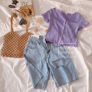 Áo len croptop viền ren cài cúc Ms2498