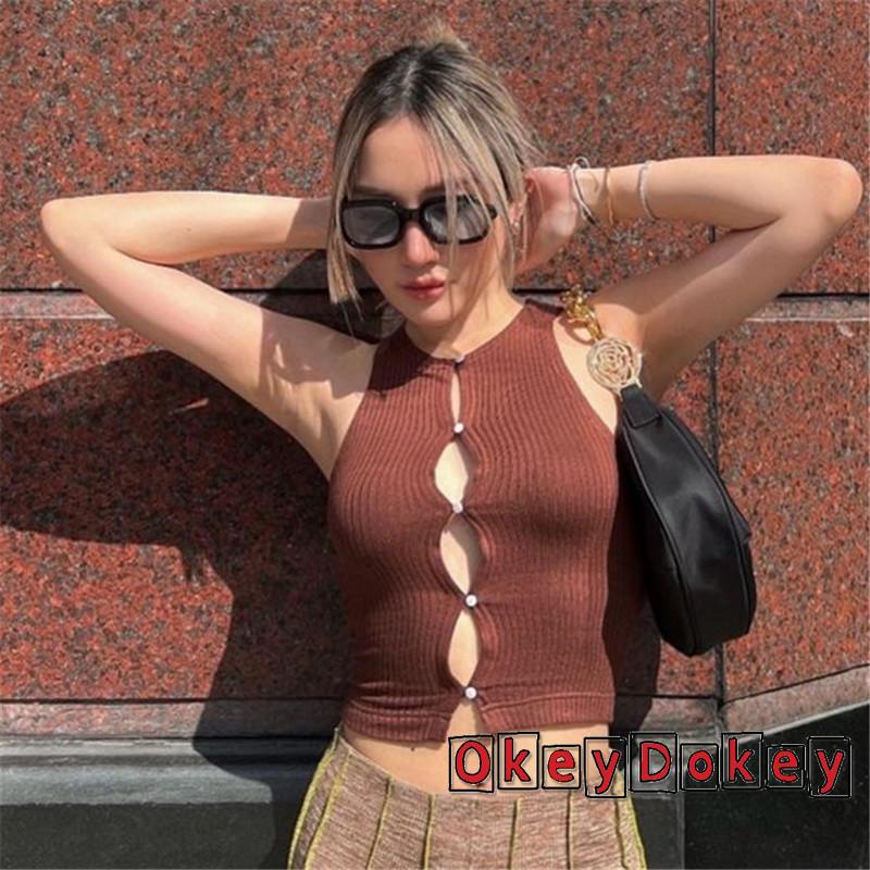 Áo Croptop Dệt Kim Không Tay Khoét Lỗ Ôm Dáng Thời Trang Mùa Hè Cho Nữ