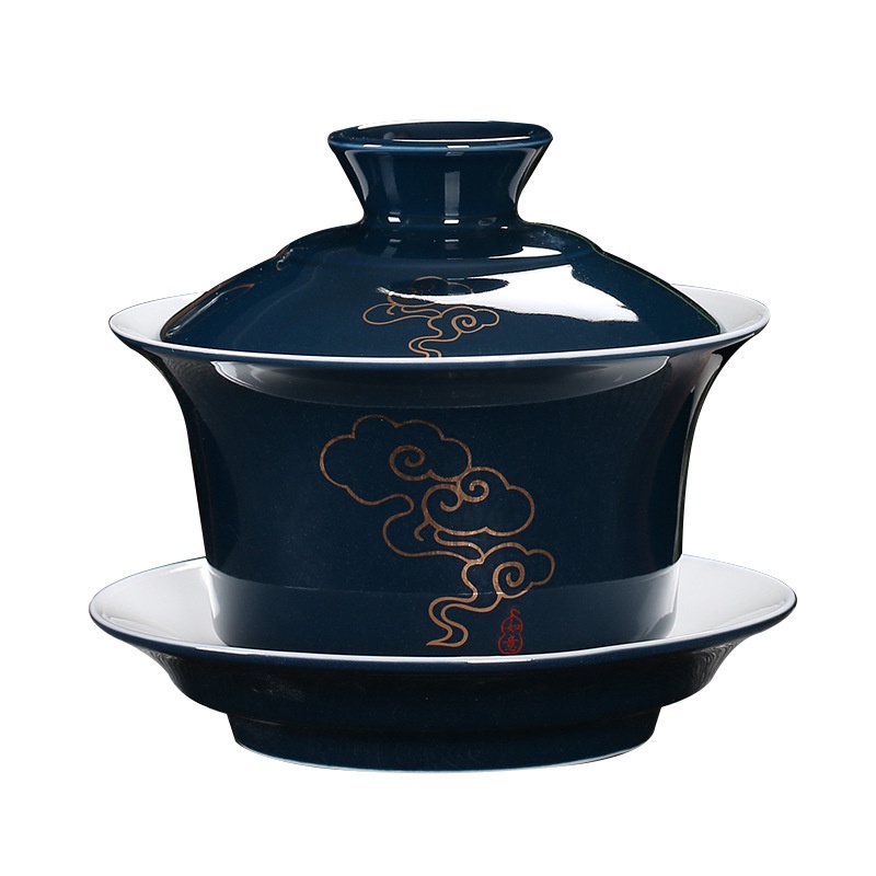 Bộ chén trà bằng sứ cỡ lớn 16cm màu xanh dương có nắp đậy tiện dụng