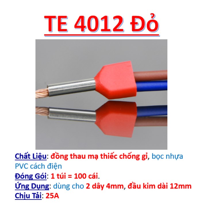 Đầu cos pin rỗng đôi TE4012, TE6014, TE10-14 100cáicosse kim bằng đồng bọc phủ nhựa, cốt bấm nối dây điện 4, 5, 6mm