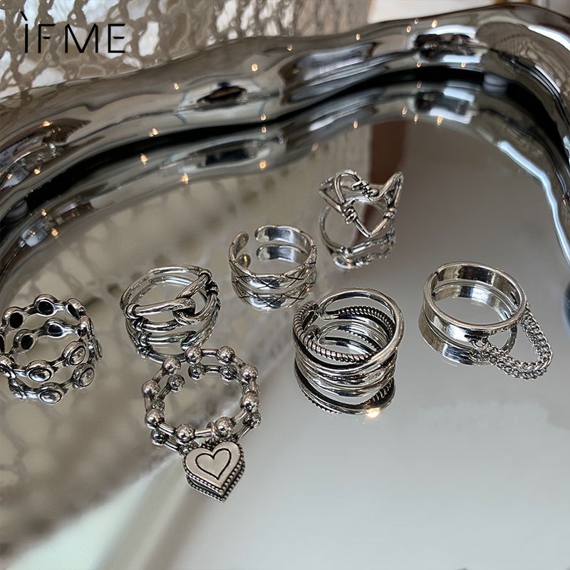 IF ME Bộ 7 Nhẫn Bạc Hình Trái Tim Phong Cách Punk Thời Trang Cho Nữ