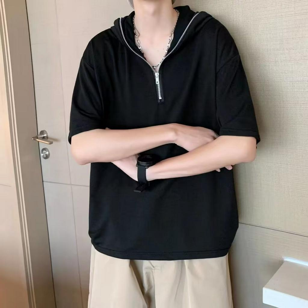 Áo hoodie Tay Ngắn Dáng Rộng Có Khóa Kéo Màu Trắng Trơn Thời Trang Cho Nam