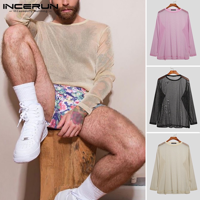 Áo thun INCERUN vải lưới mỏng xuyên thấu tay dài cổ tròn dáng rộng thời trang mùa hè cho nam