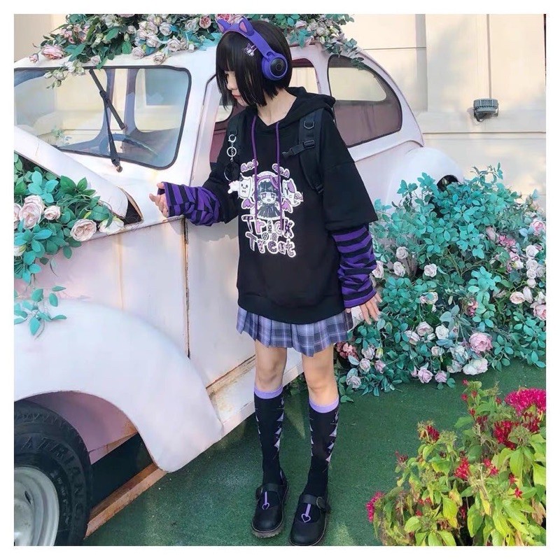 [Order] Áo Hoodie Tay Sọc Tím In Hình Trick & Treat