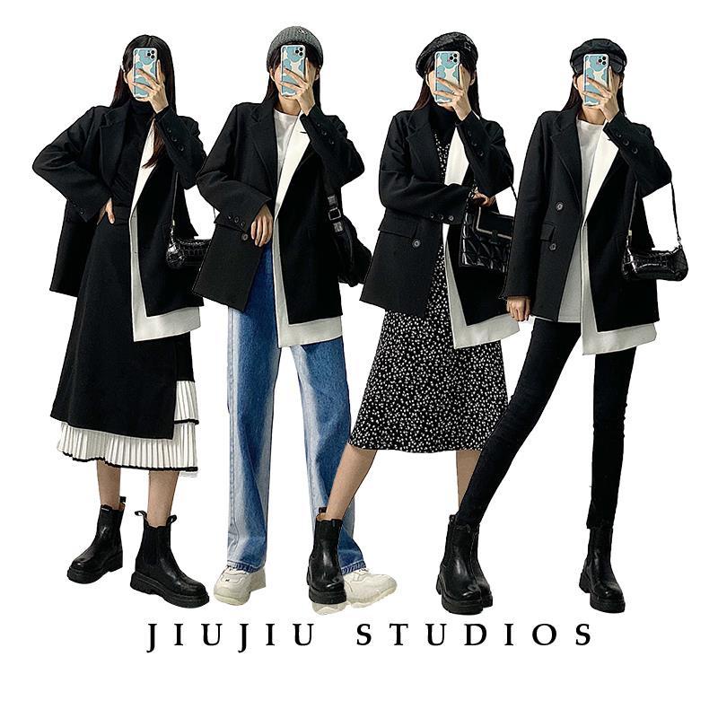 Jiujiu Áo Khoác Suit Dáng Rộng Màu Tương Phản Thời Trang Mùa Thu 2021 Mới Cho Nữ