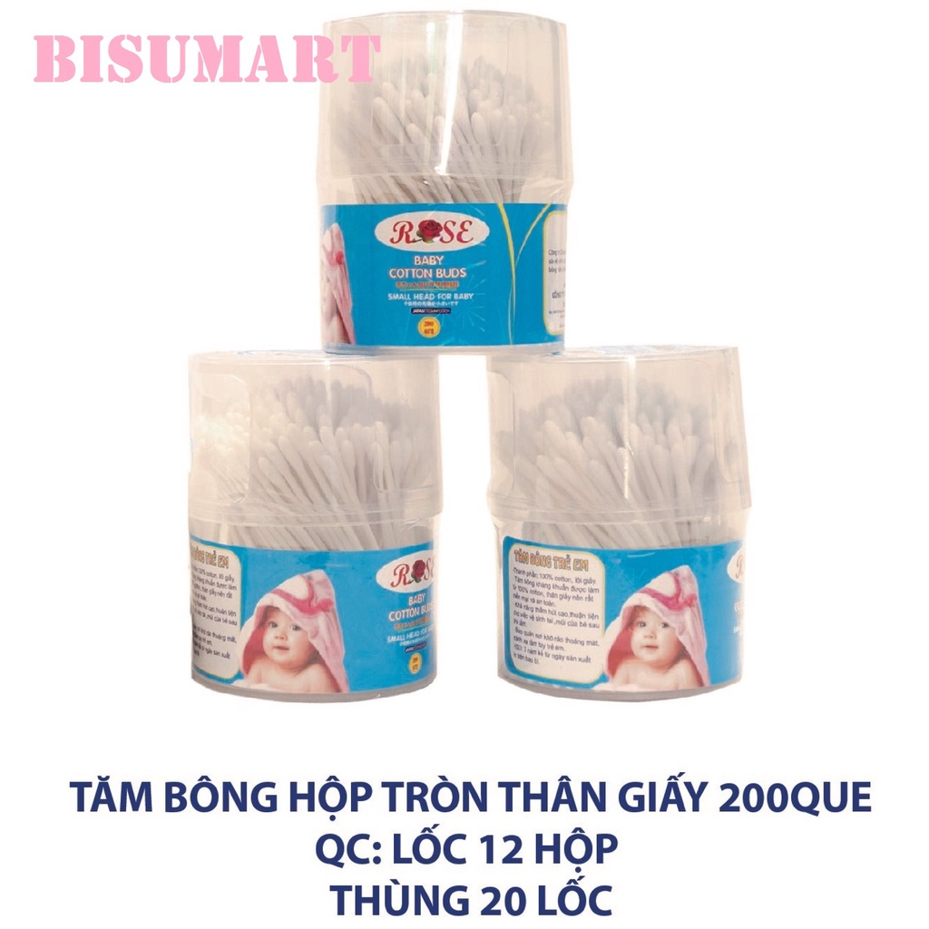 Combo 2 Hộp Tăm bông, Bông ráy tai lõi giấy cao cấp cho bé ROSE (Hộp tròn 200 QUE)