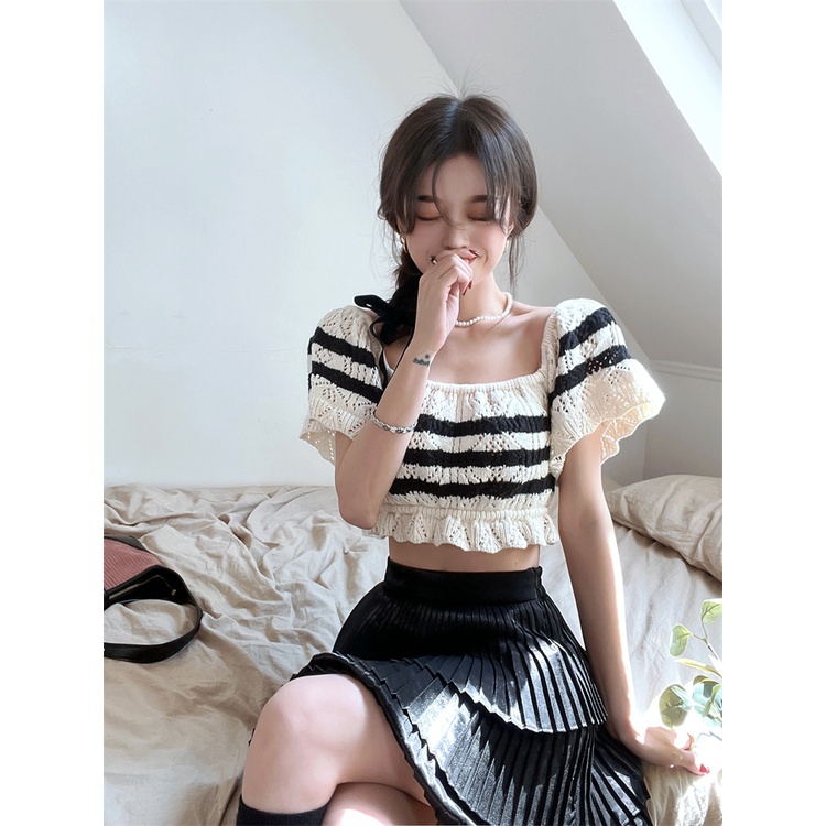 Porozi  Áo sơ mi croptop dệt kim  ngắn tay cổ vuông họa tiết kẻ sọc thời trang Hàn Quốc cho nữ