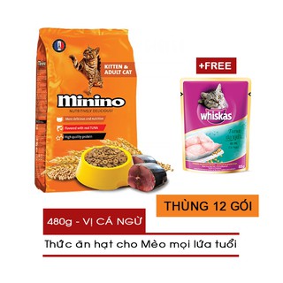Thức ăn hạt cho mèo mọi lứa tuổi minino gói 480g - vị cá ngừ - tặng 01 gói sốt/ pate whiskas 85gr - [nông
