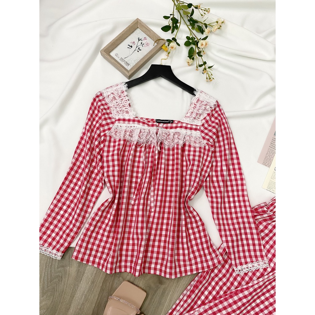 Đồ bộ nữ Bigsize thu đông, set caro áo tay dài quần dài phối viền ren cực xinh xắn dành cho nàng béo 55-90kg