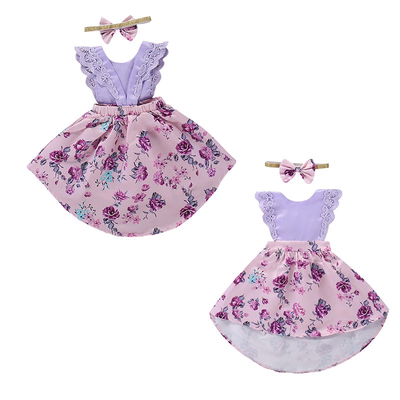 Đầm bé gái in hoa tím &amp; băng đô quấn đầu