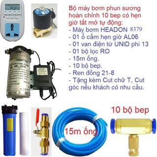 Bộ máy phun sương hoàn chỉnh 10 bep sử dụng máy bơm phun sương HEADON HF 8379 có bộ hẹn giờ tắt mở tự động AL06