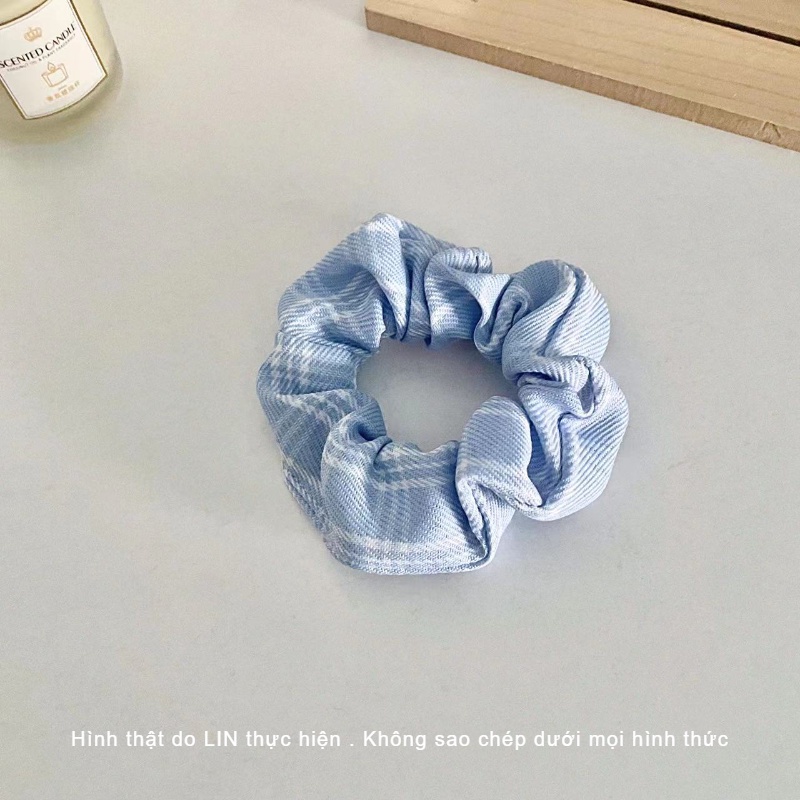 Scrunchies Cột Tóc Vải Caro Màu Xanh LIN Phong Cách Hàn Quốc