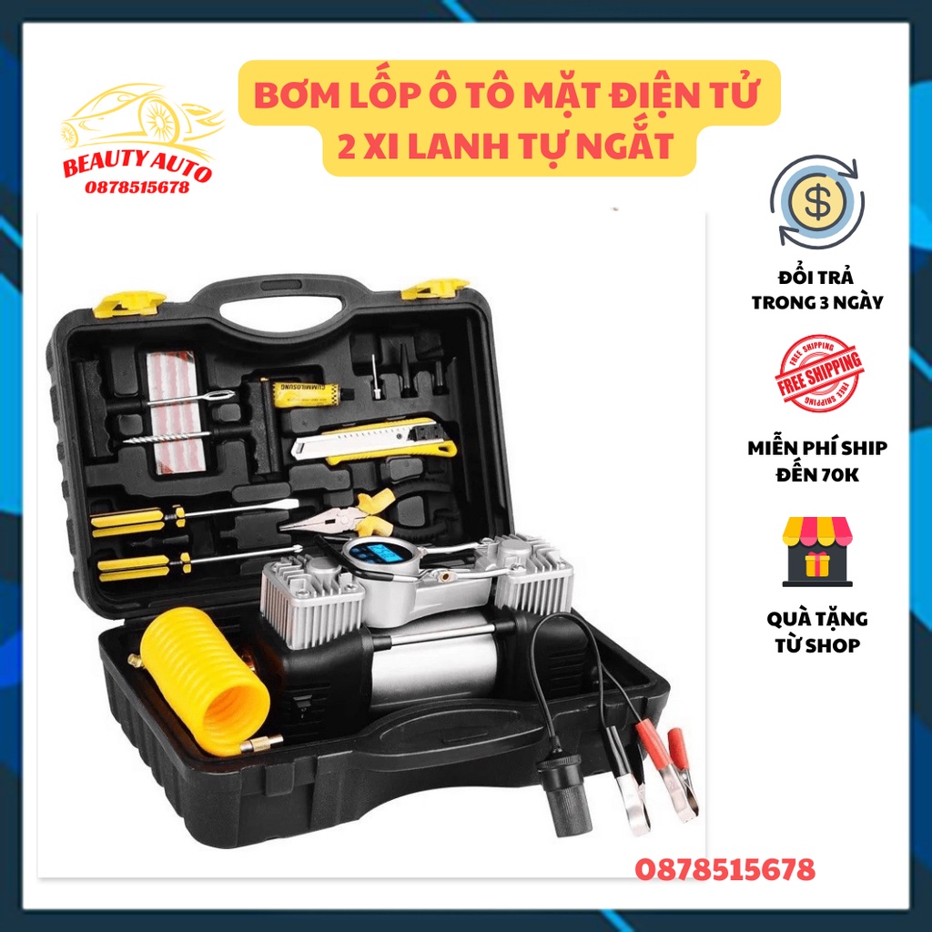 Bơm Lốp Ô Tô, Xe Hơi 2 Xi Lanh Mặt Điện Tử Tự Ngắt, Công Suất Lớn, Bơm Cực Khỏe, Nhanh KÈM HỘP ĐỰNG DỤNG CỤ BẢO HÀNH 6T