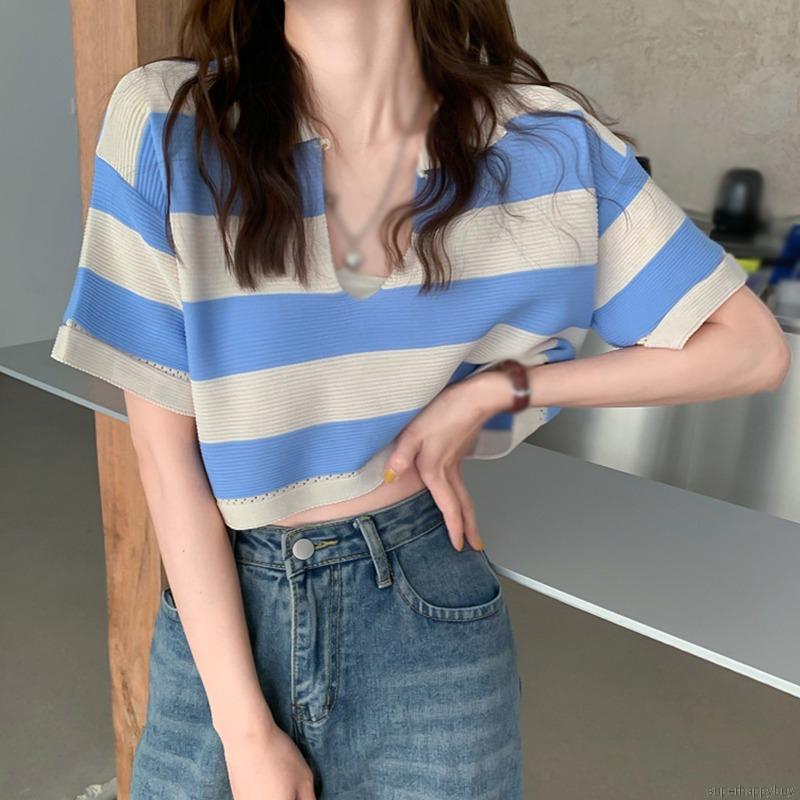 Áo croptop dáng rộng tay ngắn cổ chữ V họa tiết sọc thời trang thường ngày cho nữ