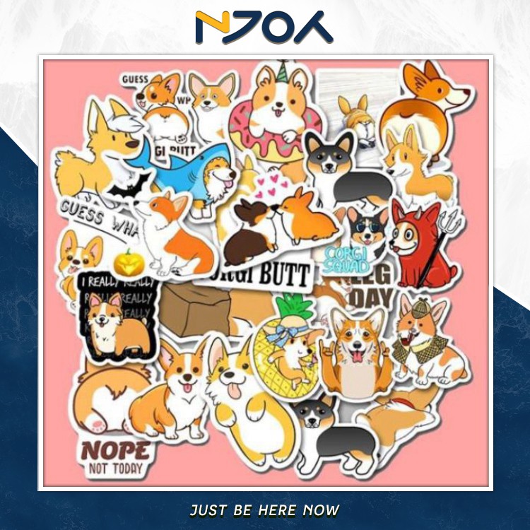 SET 50 MIẾNG STICKER CHÚ CHÓ CORGI DỄ THƯƠNG CHỐNG NƯỚC DÁN NÓN BẢO HIỂM, LAPTOP, VALI, TỦ, BÀN HỌC, XE MÁY