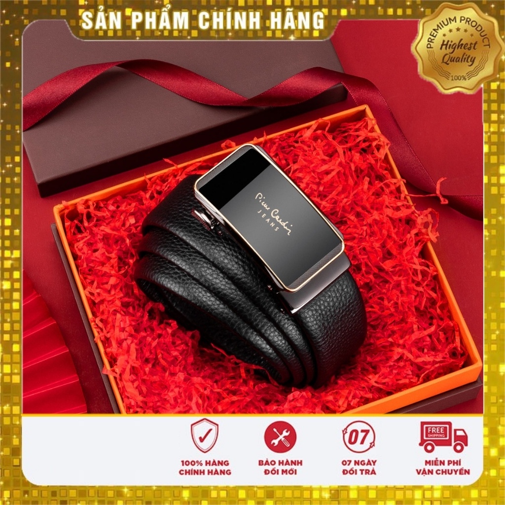Thắt Lưng Nam Pierre Cardin Mặt Kính Da Bò Logo Màu Vàng