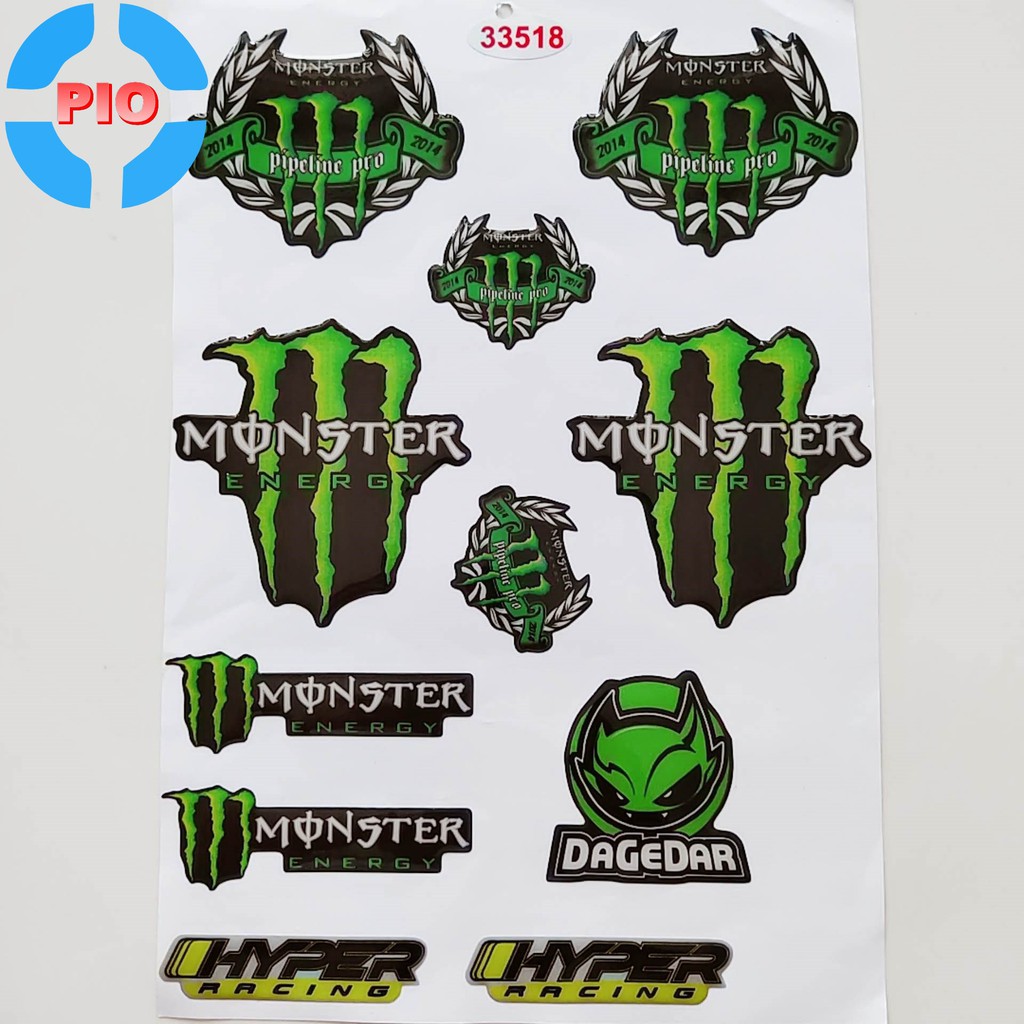 Bộ Tem Monster Dập Nổi Cao Cấp Dán Xe Máy, Ô Tô, Mũ Bảo Hiểm, Chống Thấm Nước, Chống Bay Màu