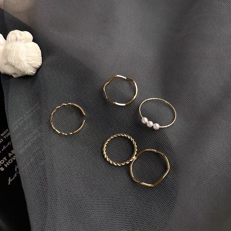 Set 5 Nhẫn Mạ Vàng Đính Ngọc Trai Giả Thời Trang Cho Nữ