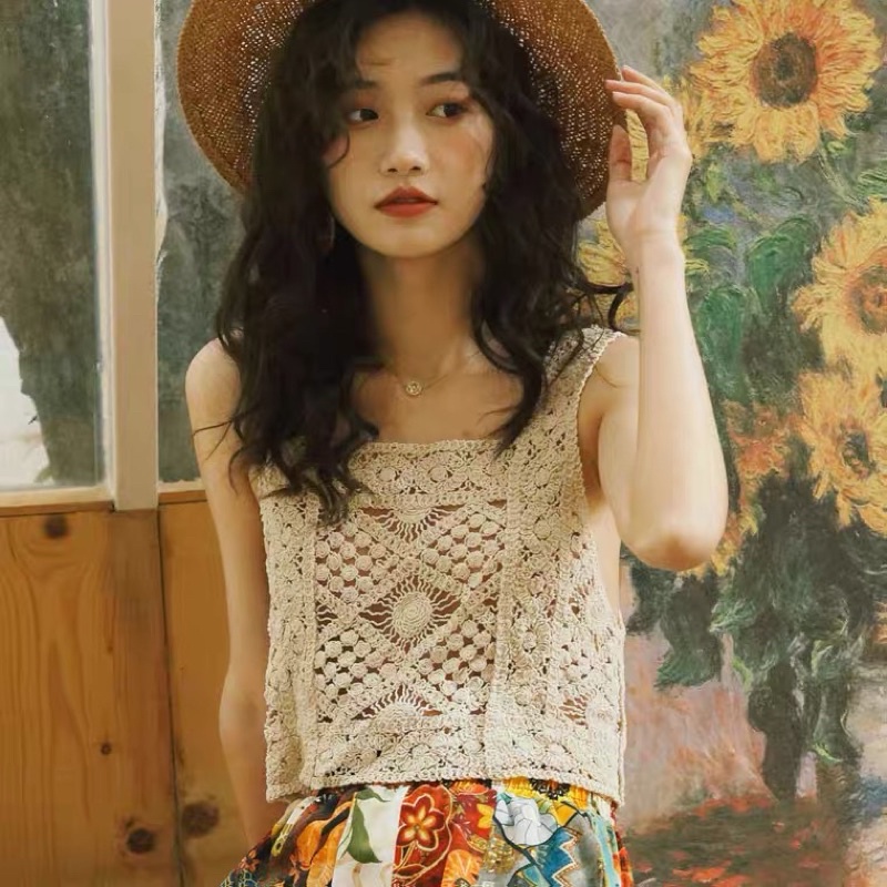 VN102 JINYI Áo 2 dây lưới croptop đi biển siêu xinh, dễ mix đồ