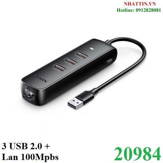 Hub chia USB 2.0 ra 3 cổng USB 2.0 + Lan 100Mbps Ugreen 20984 cao cấp  Chính Hãng