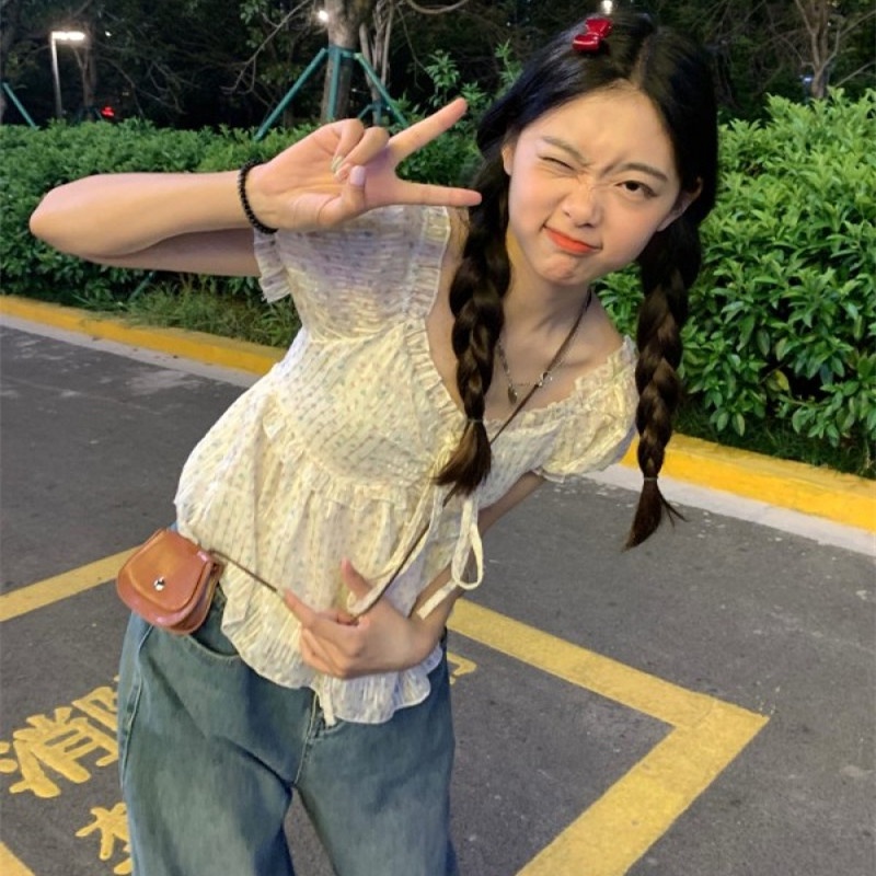 Áo Kiểu Trễ Vai Tay Phồng In Họa Tiết Hoa Thời Trang Cho Nữ