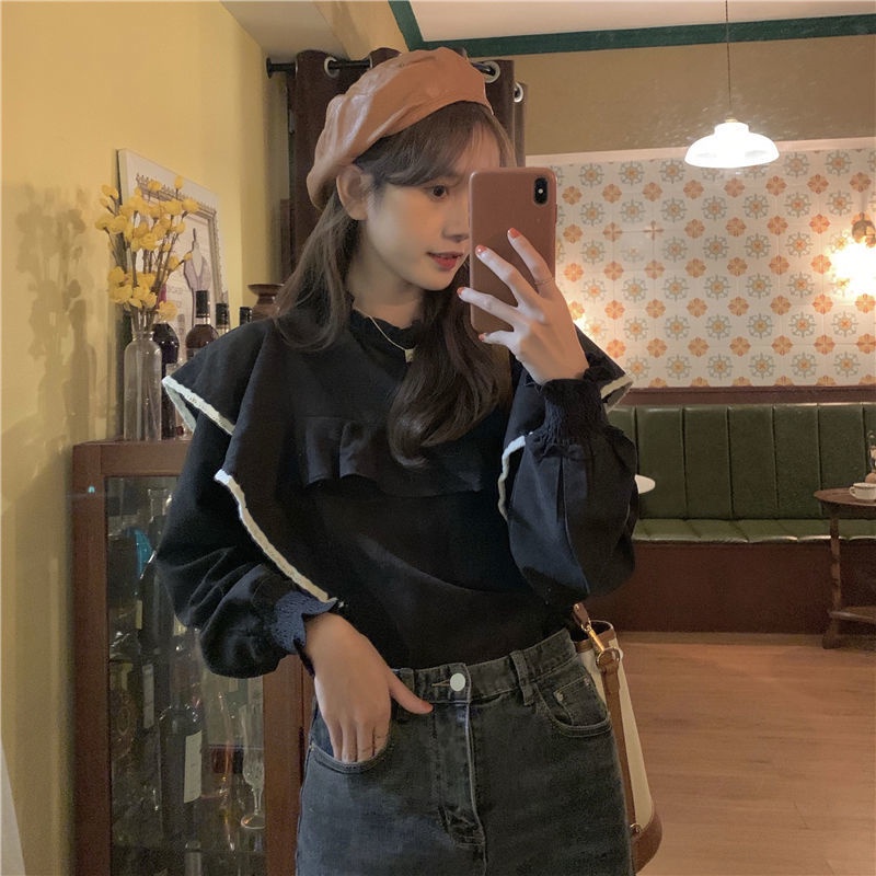 Áo kiểu tay dài cổ đứng phối bèo thời trang thu đông phong cách Pháp 2021 cho nữ