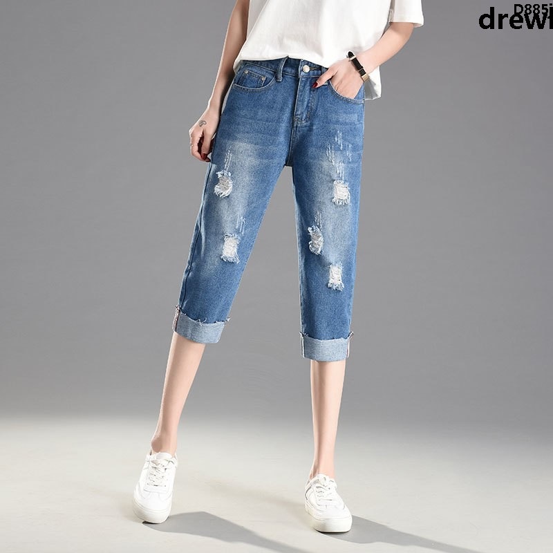 Quần Jeans Rách Ống Rộng Lưng Thun Thời Trang Hàn Quốc Dành Cho Nữ 2022 $1