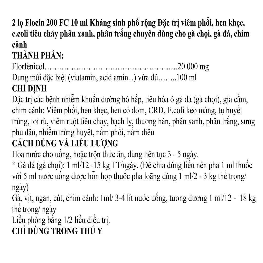 2 lọ Flocin 200 FC 10 ml dùng tốt cho gà chọi, gà đá, chim cảnh