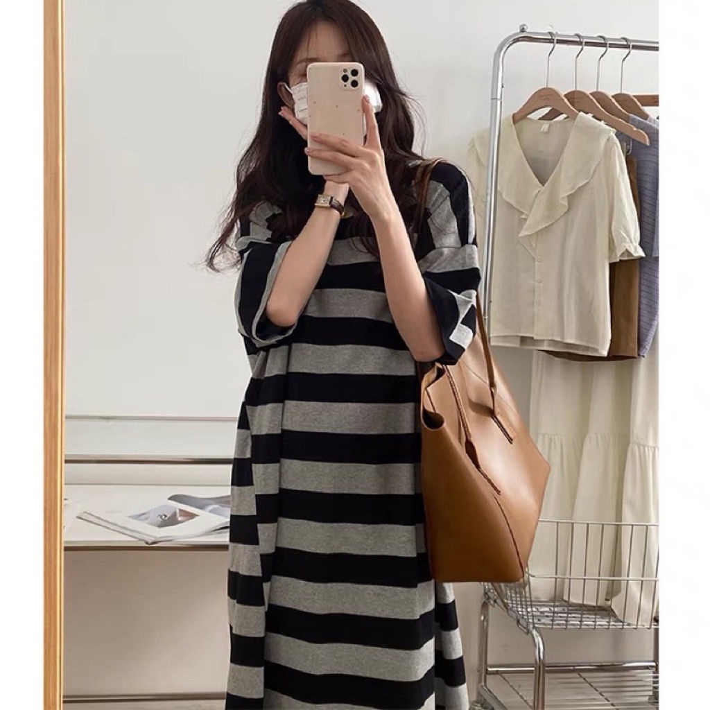 Đầm Thun Cotton Dáng Rộng Dài Qua Gối Tay Ngắn Họa Tiết Kẻ Sọc Cổ Điển Thời Trang Mùa Hè Dành Cho Nữ 2022