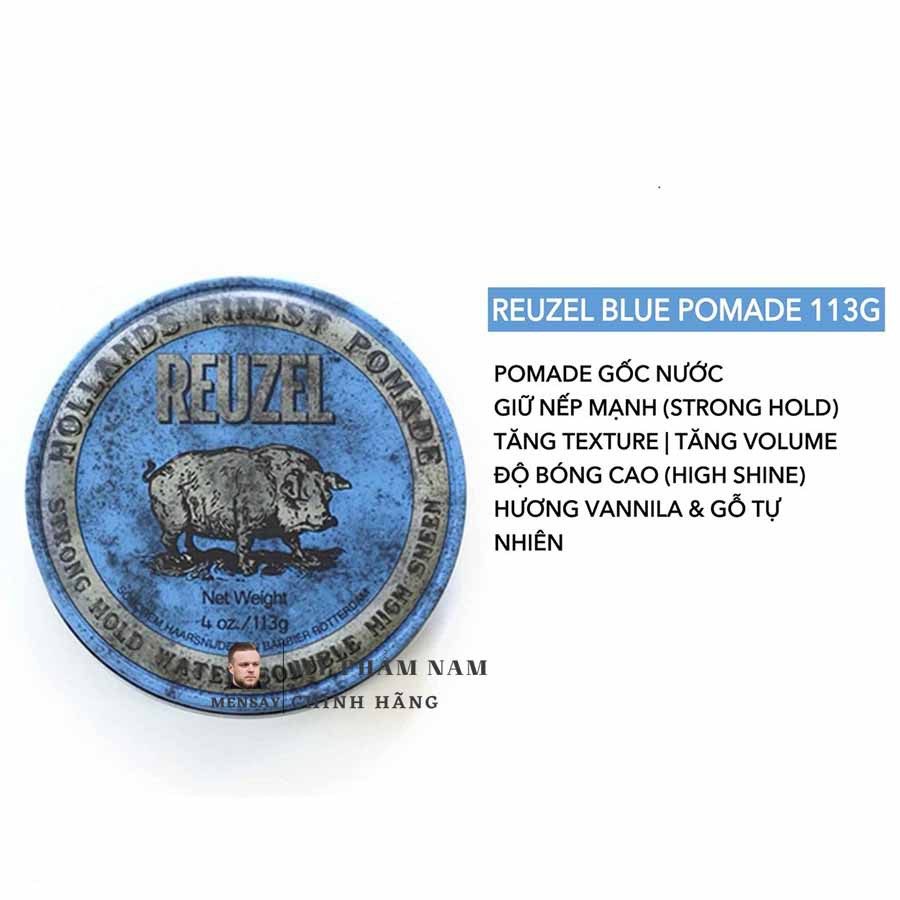 Sáp vuốt tóc Reuzel Blue Pomade, Pomade Reuzel Blue gốc nước 113g, nhập khẩu Hà Lan