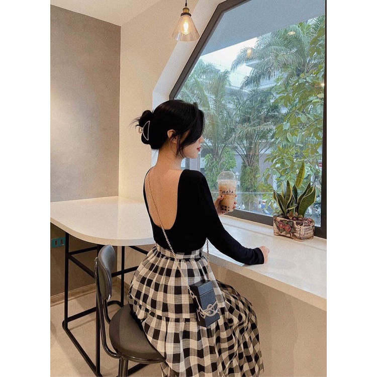 Áo body dài tay hở lưng