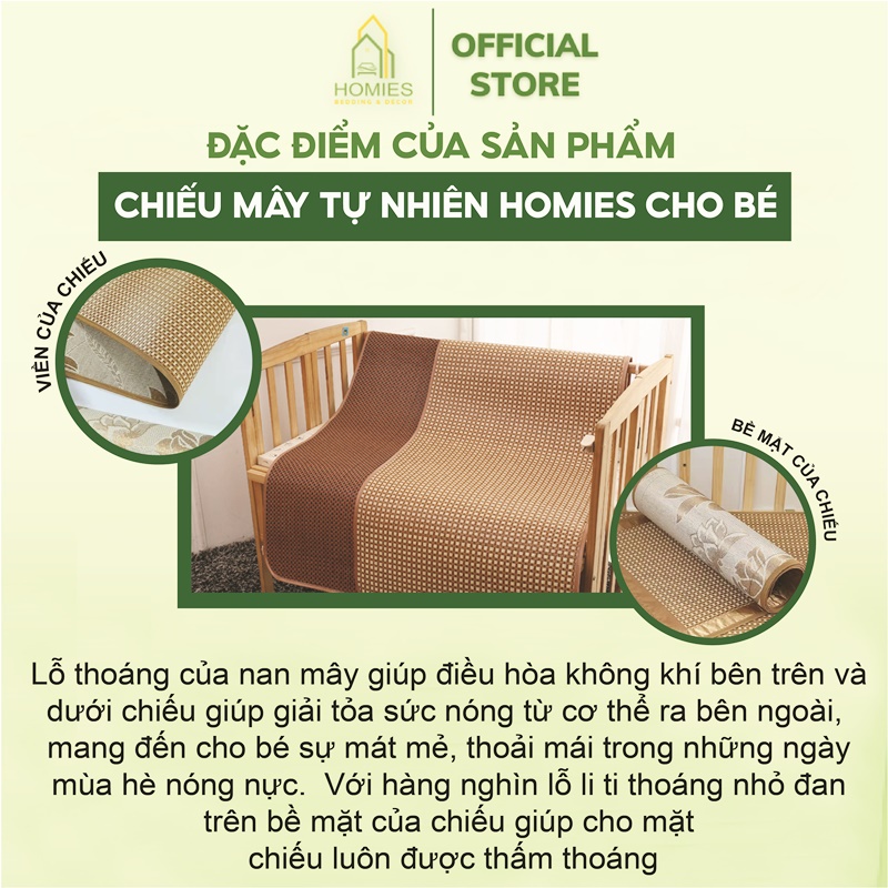 Chiếu Mây Tự Nhiên HOMIES Cho Bé Chất Liệu Mây Điều Hòa Mặt Sau Lót Lụa Cao Cấp