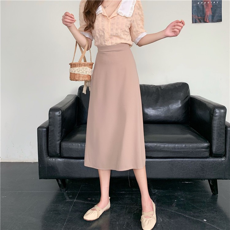 Chân váy midi Xiaozhainv lưng cao form chữ A đơn giản dễ phối đồ | BigBuy360 - bigbuy360.vn