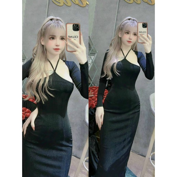 Đầm Thun Cổ Yếm Dây Mảnh Tay Dài Khoét Sexy - Dáng Dài Maxi Ôm Body
