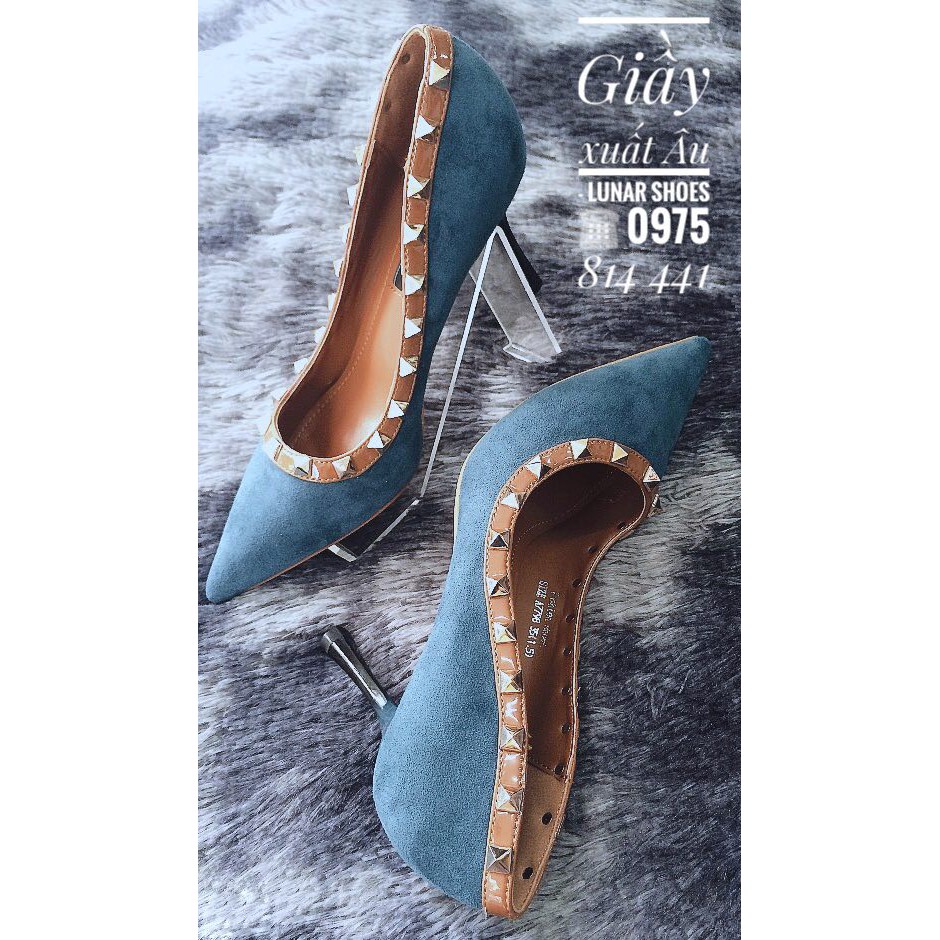 SALE G239 Giầy cao gót xanh viền đinh Sang chảnh