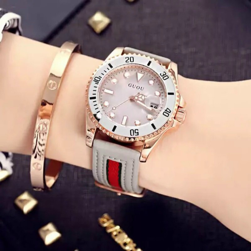 Đồng hồ nữ đeo tay dây da Guou viền mạ vàng chính hãng chống nước tuyệt đối 8077 | BigBuy360 - bigbuy360.vn