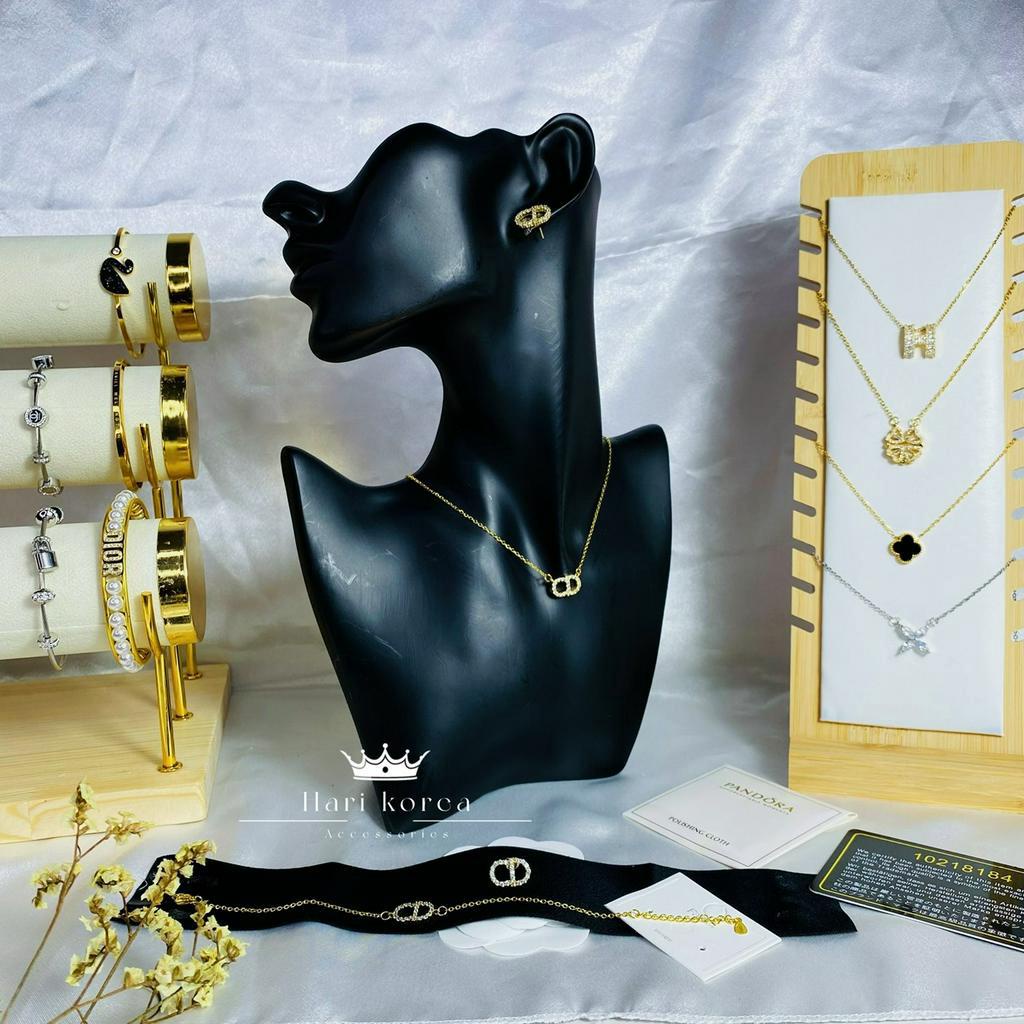 Sét trang sức Cd titan, Vòng cổ &amp; khuyên tai đính đá, phụ kiện trang sức nữ Hari korea accessories