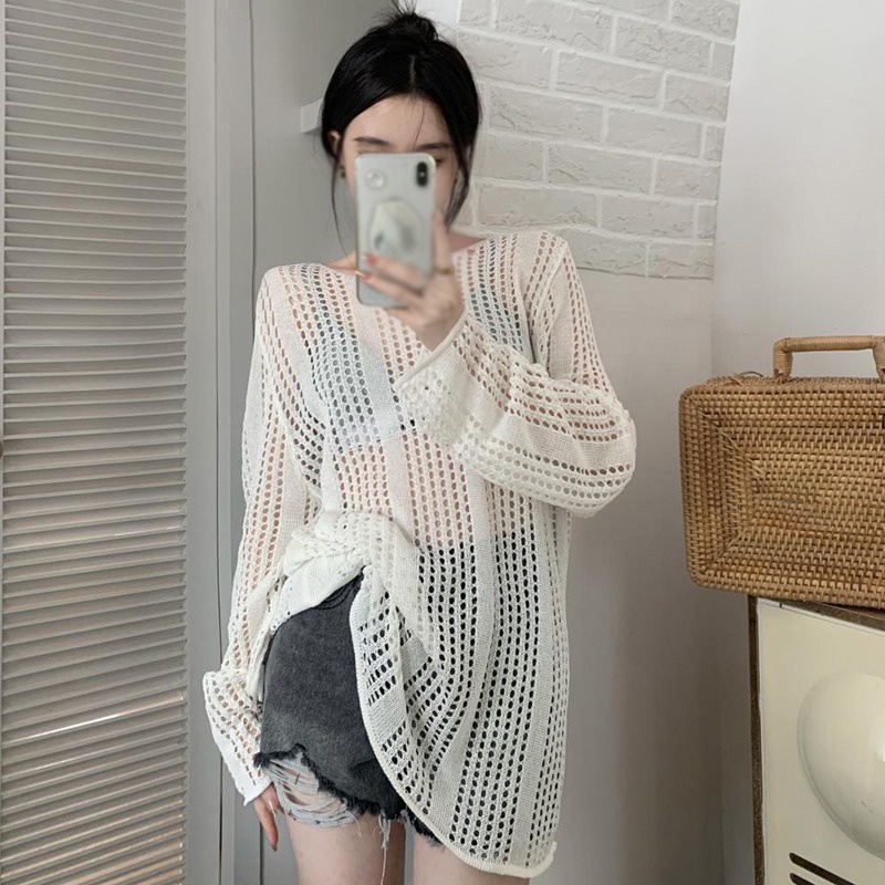 Áo Dệt Kim Nữ Tay Dài Cổ Tròn Màu Sắc Thanh Lịch