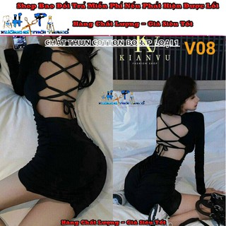 Đầm ôm body tay dài áo hở lưng đan dây có mút ngực mẫu hót thời trang 2020