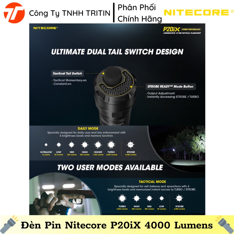 Đèn Pin Chiến Thuật Nitecore P20iX, 4000 Lumens, Tầm Chiếu 221m, Pin Li-ion 21700, 116g | TRITINCO