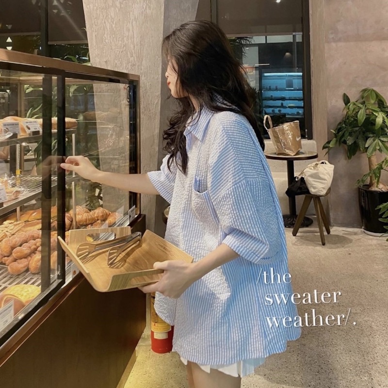 Áo sơ mi kẻ chất đũi xốp nổi from oversize rộng tiểu thư Hàn Quốc Xưởng May Hạnh Hồng