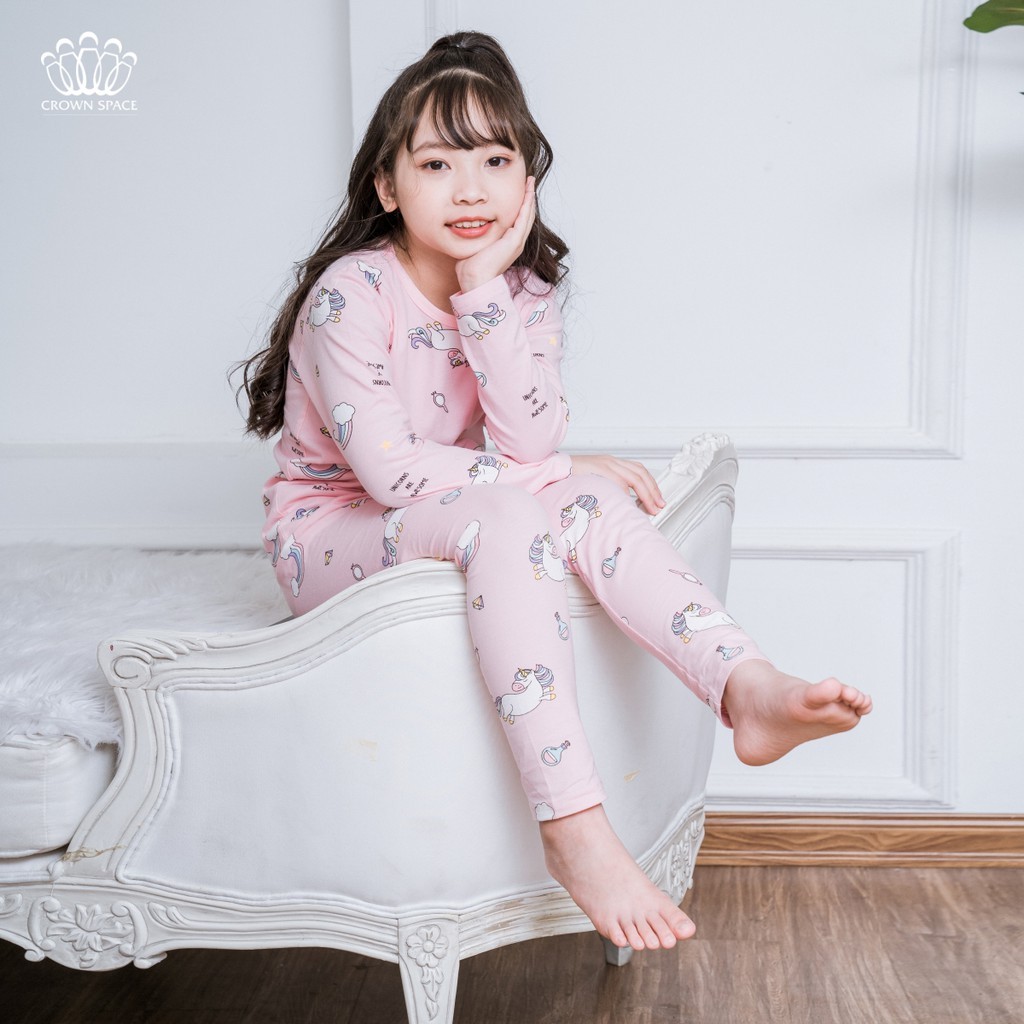 Bộ Mặc Nhà Dài Tay Bé Gái Crown Space Cao Cấp - Cotton Thoáng Mát Hình Ngựa Trắng Dễ Thương CKGL5911408 Size 17-33Kg