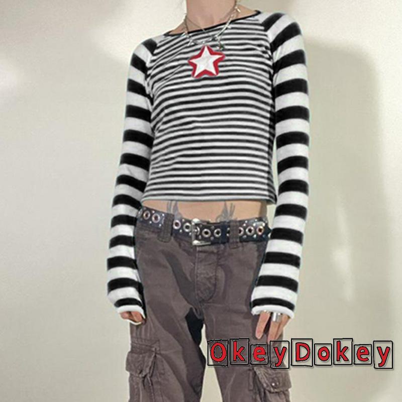 Odokey-áo Croptop Tay Dài Cổ Tròn Họa Tiết Kẻ Sọc Ngôi Sao Thời Trang Xuân Thu Size S / M / L