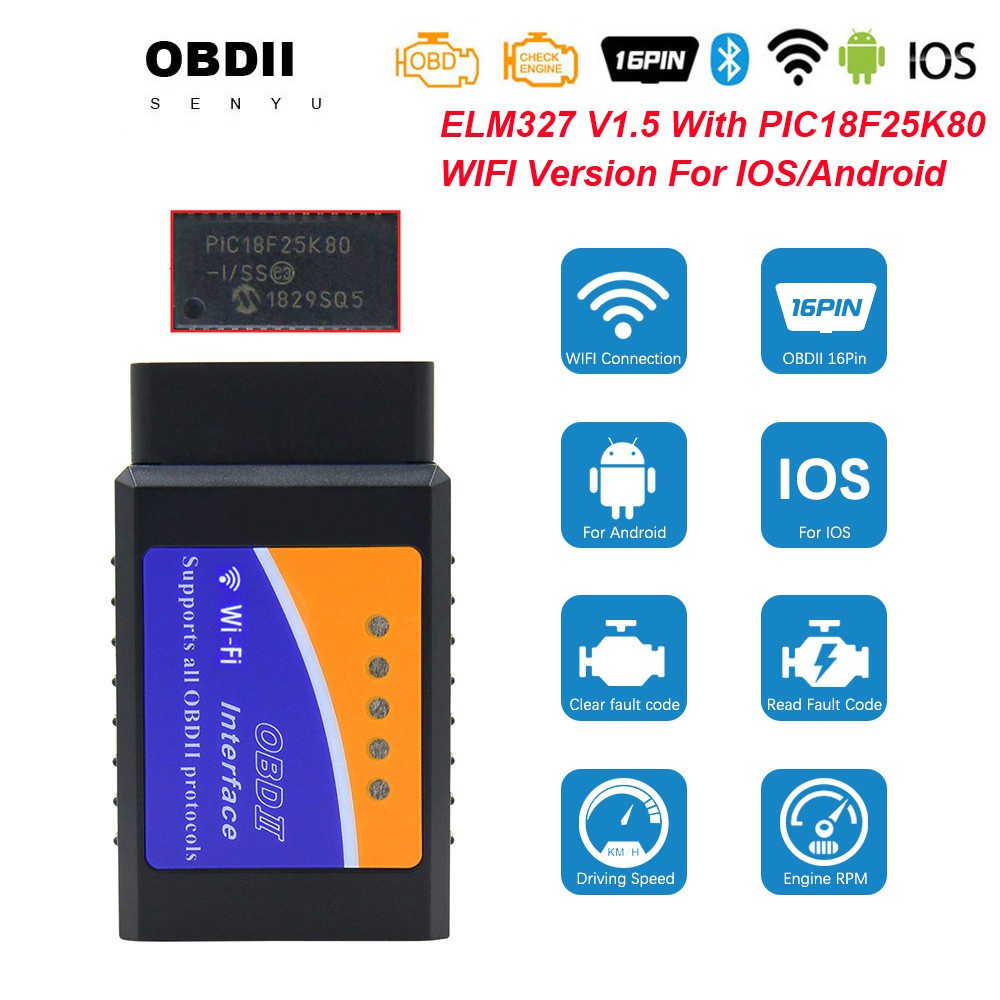 Thiết bị chẩn đoán Obd2 Elm 327 V1.5 Wi-Fi Pic18F25K80 Elm327 V1.5 Wifi Odb2 cho Android/ Ios Obd 2