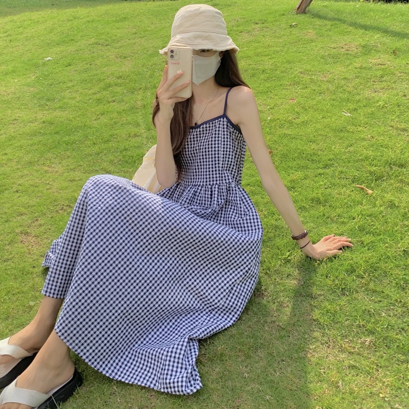 Đầm hai dây họa tiết sọc caro thời trang mùa hè dành cho nữ