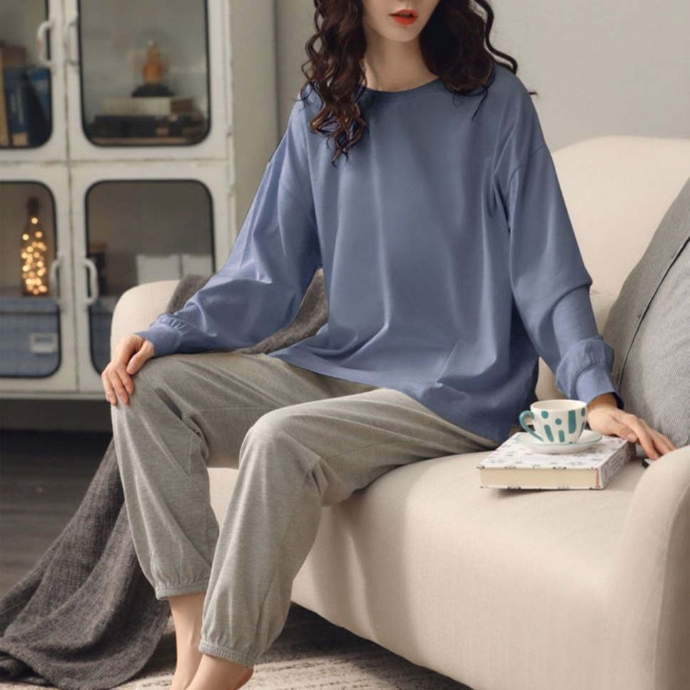 Bộ đồ ngủ tay dài dáng rộng phong cách Hàn Quốc màu trắng/đen thời trang xuân thu cho nữ | BigBuy360 - bigbuy360.vn